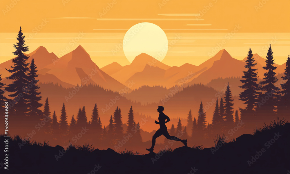 Fototapeta premium A silhouette of a person runs uphill against a vibrant orange and yellow sunset. Majestic mountains and dark trees frame the scene, depicting determination.