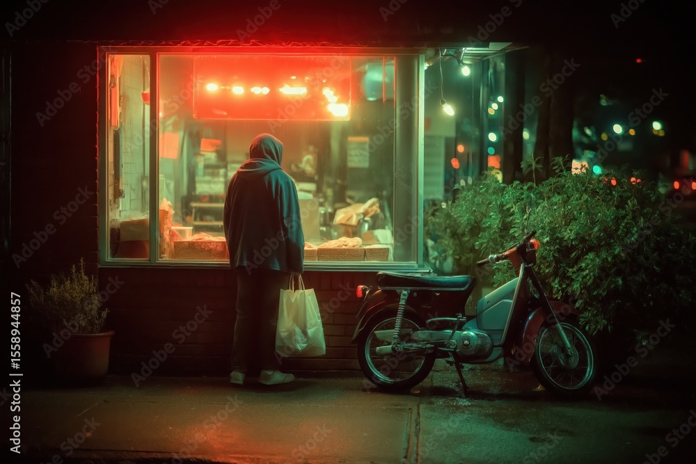 Obraz premium Hooded man receives takeout bag at glowing neon-lit city window