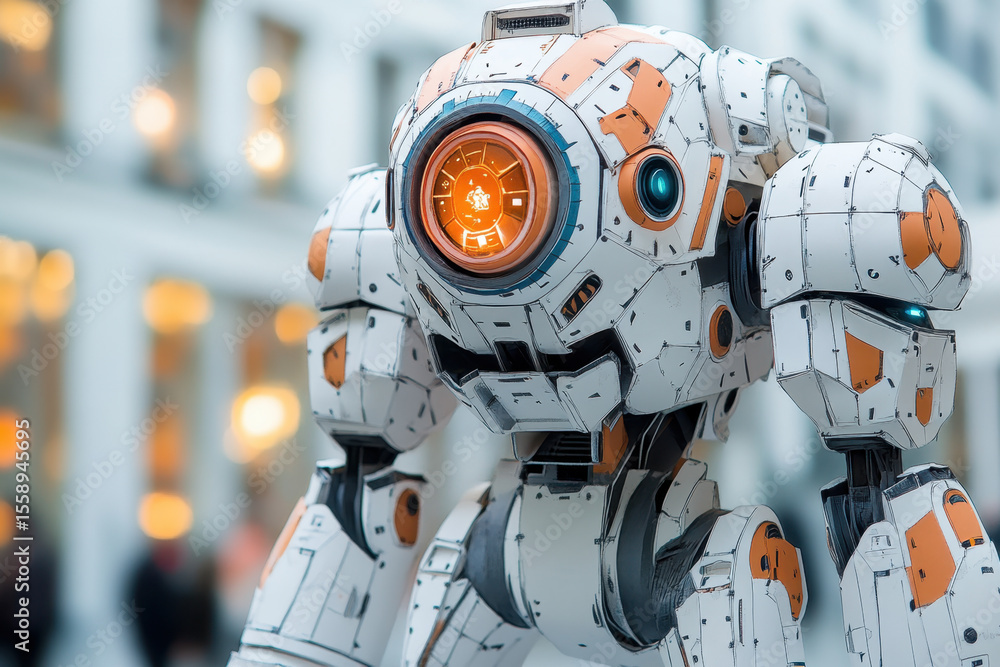 Fototapeta premium Clock-faced robot standing tall.