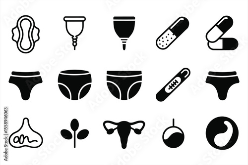 Collection of feminine hygiene and health icons in silhouette style