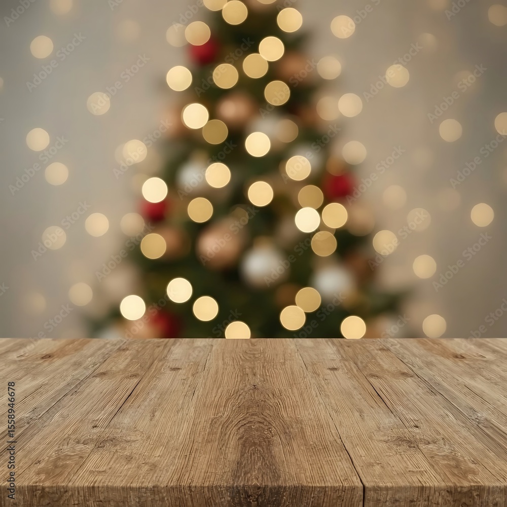 Rustic Wooden Table with Warm Natural Grain in Festive Christmas Background Featuring Bokeh Lights and Decorated Tree – Cozy Holiday Mockup Scene Rustic Wooden Table with Warm Natural Grain in Festive Christmas Background Featuring Bokeh Lights and Decorated Tree – Cozy Holiday Mockup Scene