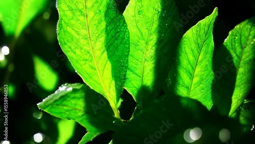 Green leaves dew drops nature photography