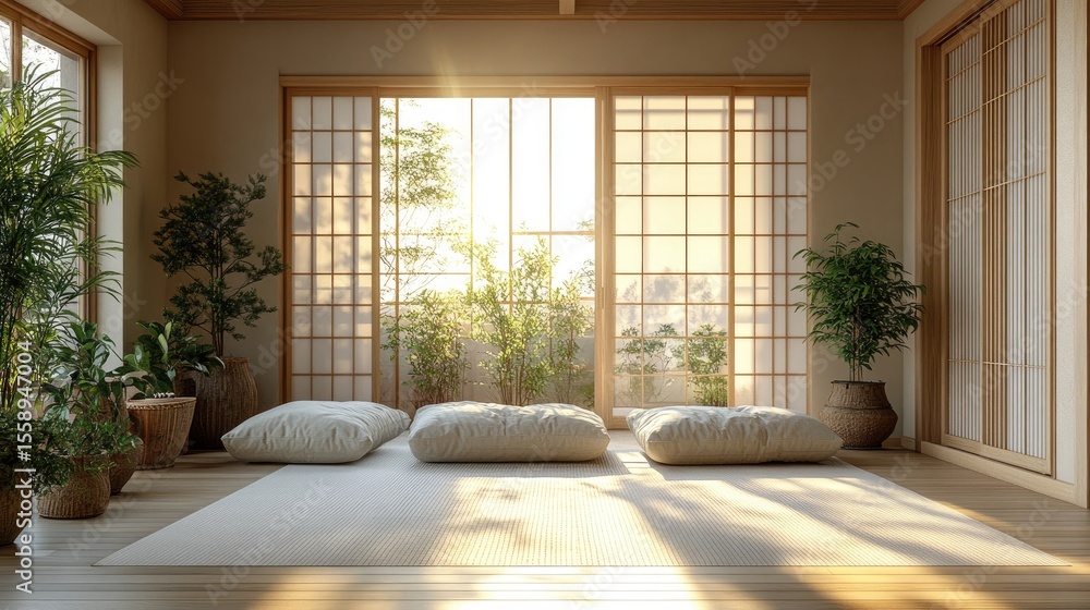 Fototapeta premium Zen-style interior of a Japanese house with light wood tones and sunbeams across a clean floor