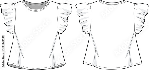 Women's White Ruffle Sleeve Blouse Fashion Flat Sketch Front Back View Design Template for Apparel Production, Editable Vector Illustration, Casual Top