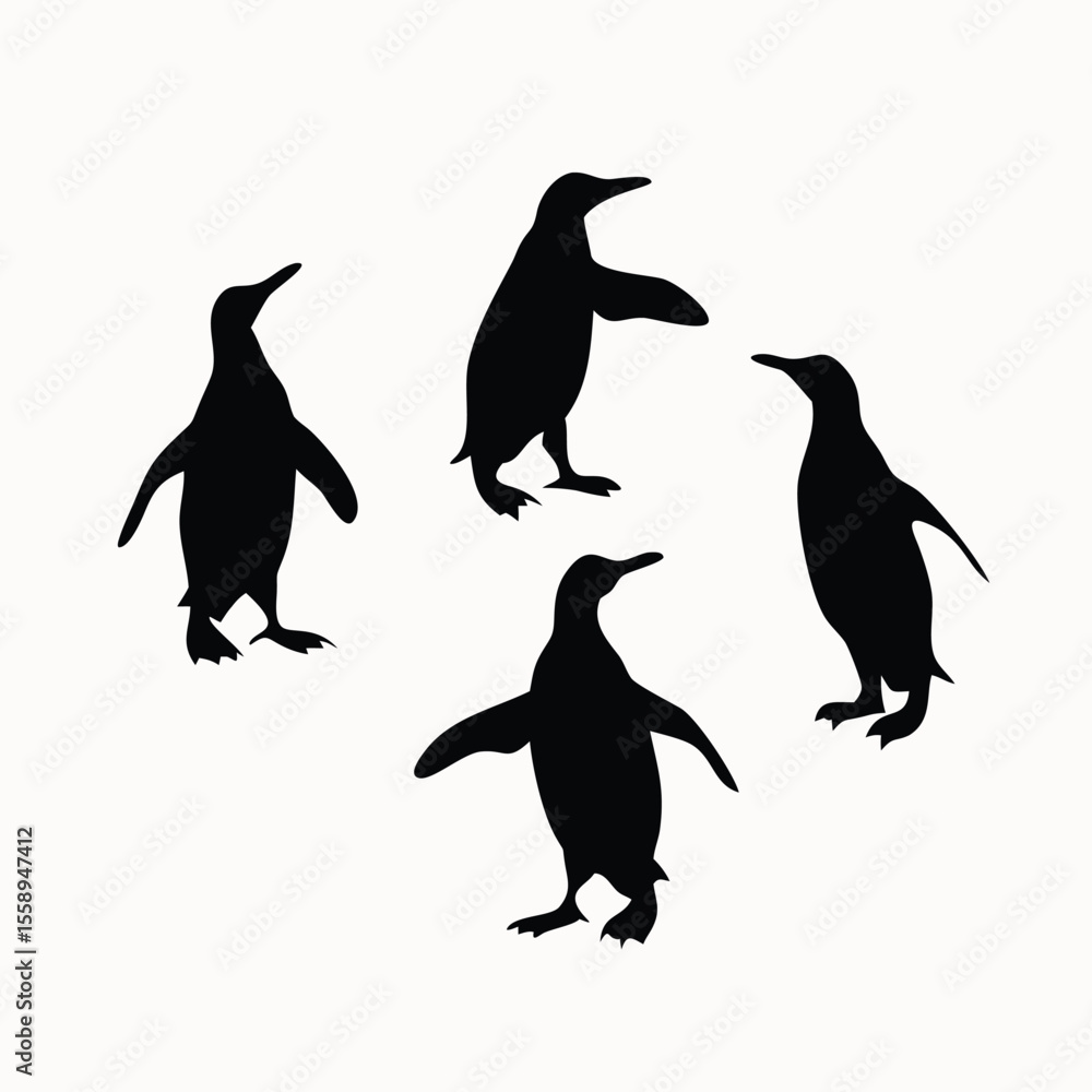 Naklejka premium Collection of Four Black Penguin Silhouettes: Minimalist Antarctic Bird Shapes - Simple Vector Graphics - Wildlife Design Elements