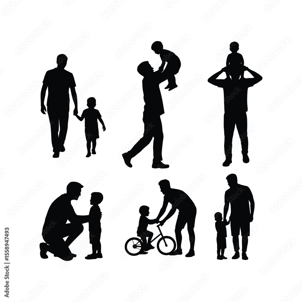 Silhouette illustrations of father and children enjoying various activities on a white background Silhouette illustrations of father and children enjoying various activities on a white background