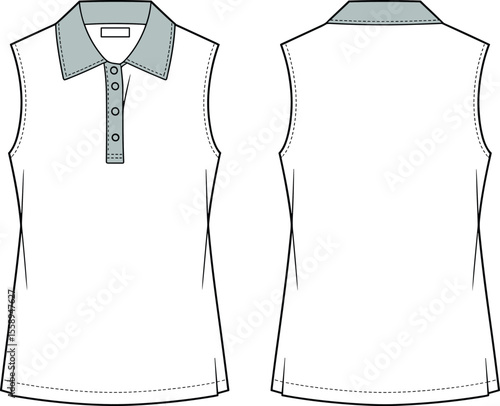 Sleeveless Women's Polo Shirt Flat Sketch: Casual, Comfortable, and Stylish Design for Active Wear and Everyday Fashion, Perfect for Summer Athleisure Apparel, Technical Drawing.