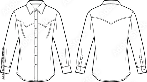 Women's Classic Western Denim Shirt Flat Sketch: Stylish Long-Sleeve Button-Up Blouse with Yoke Detail, Fashion Apparel CAD Drawing.