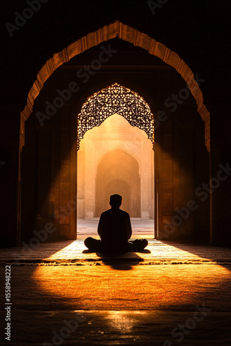 A silhouette of a Muslim man prays on a rug within a dimly lit mosque. Golden light streams through an ornate archway, creating a spiritual atmosphere.