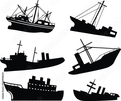 Collection of Six Distinct Shipwreck Silhouettes: Various Sunken Vessel Outlines - Black and White Nautical Design Elements - Ocean Disaster