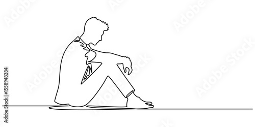 sad man alone concept continuous one line drawing, Simple one line drawing of a depressed, stressed out man Transparent background png file, Single line drawing illustration of thinking man. minimall.