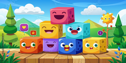 Cute Cartoon Colorful Cube Characters on Wooden Tabletop