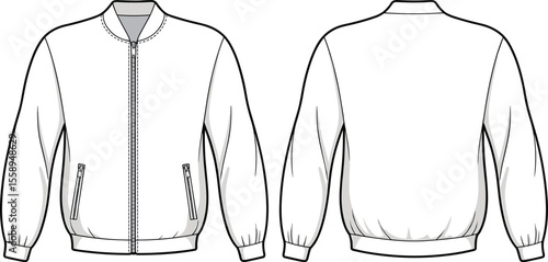 White Casual Bomber Jacket Flat Sketch Front Back Technical Fashion Illustration Template, Long Sleeve Zippered Pockets Ribbed Cuffs Hem Sportswear Apparel Design