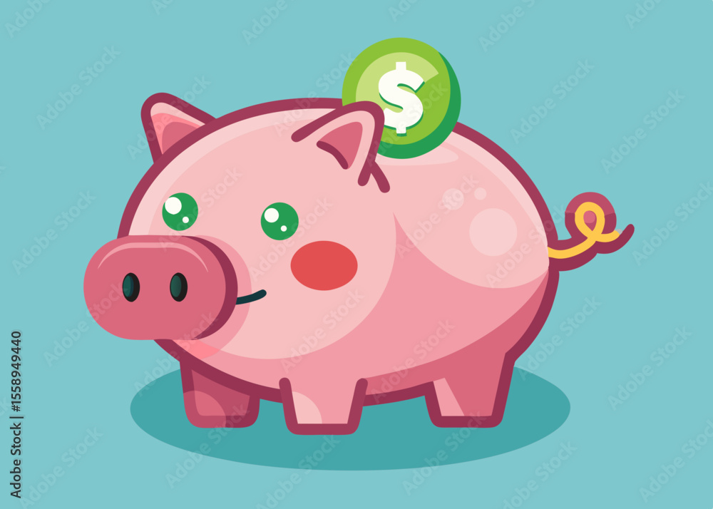 Fototapeta premium Cute Pink Piggy Bank with Dollar Coin