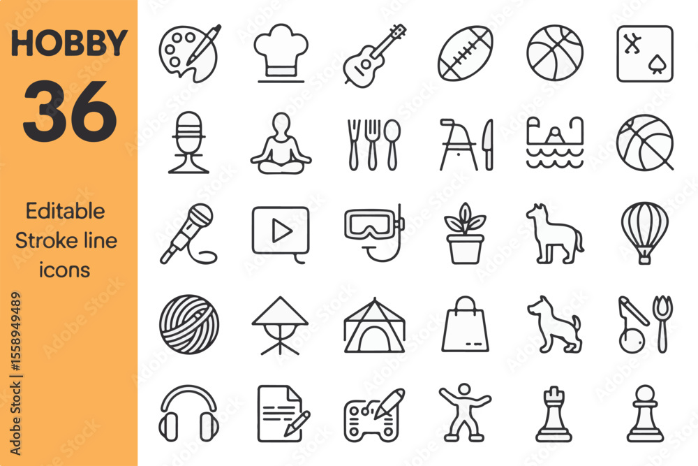 Naklejka premium Collection of 36 diverse hobby and leisure activity outline icons isolated on white background