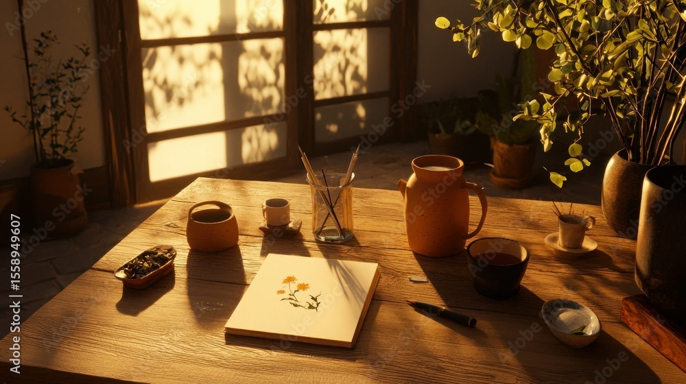 Fototapeta premium A sunlit workspace with a sketch and warm morning light