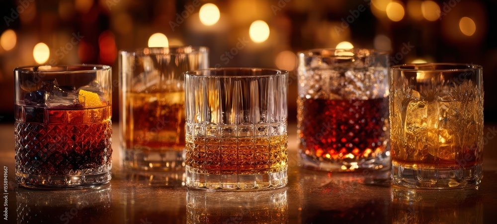 The Beautiful Selection of Whiskey Glasses Illuminated by Ambient Light The Beautiful Selection of Whiskey Glasses Illuminated by Ambient Light