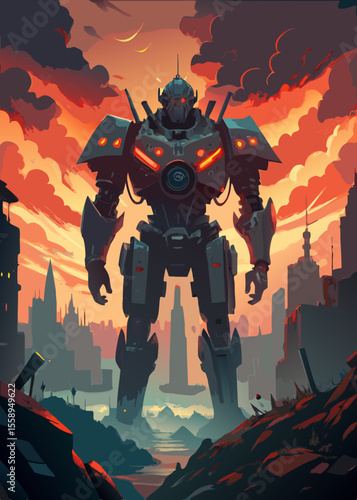 Giant futuristic robot standing in a city skyline