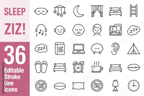 Collection of 36 editable stroke line icons related to sleep and relaxation isolated on white background