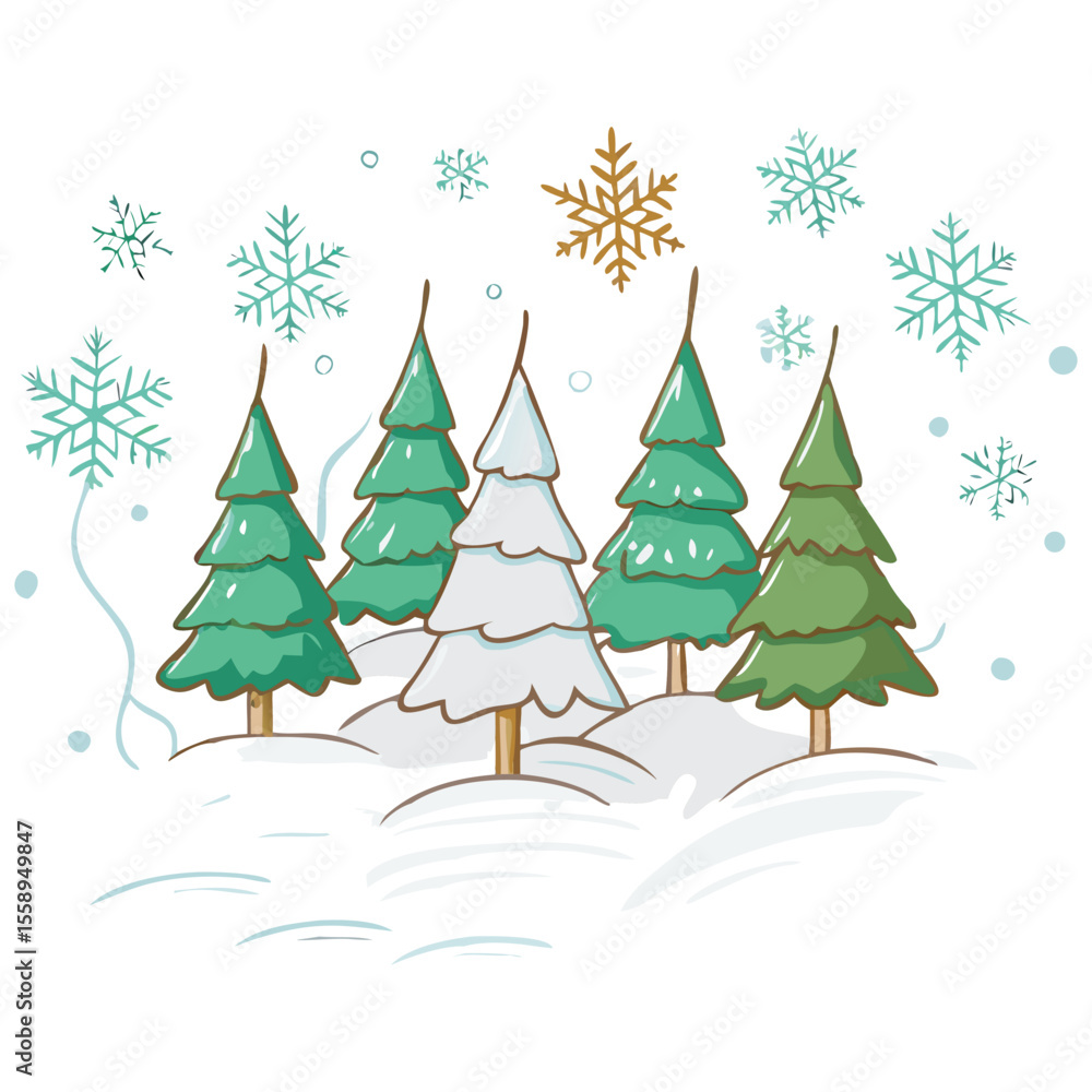 Fototapeta premium Winter wonderland scene with snow covered trees and snowflakes for holiday season designs and backgrounds