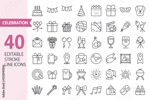Collection of 40 editable stroke line icons representing various celebration elements isolated on white background