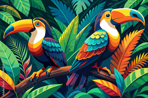 Two Toucans in a Vibrant Tropical Jungle Scene