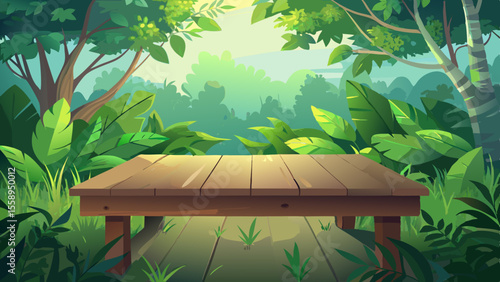 Wooden Table in a Lush Tropical Forest Scene