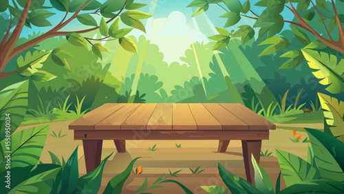Wooden Table in Lush Tropical Jungle Scene