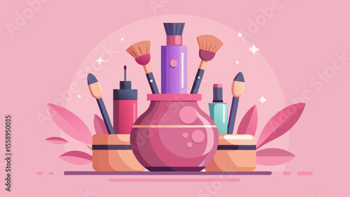 Makeup Brushes and Cosmetics in Pink and Purple