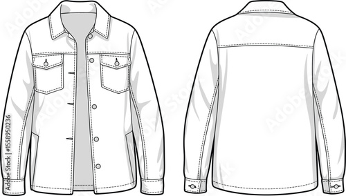 Men's Classic White Denim Shirt Jacket Flat Sketch Template with Front and Back Views, Casual Outerwear Fashion Vector Illustration, Editable Clothing Design, Technical Drawing, Apparel CAD.