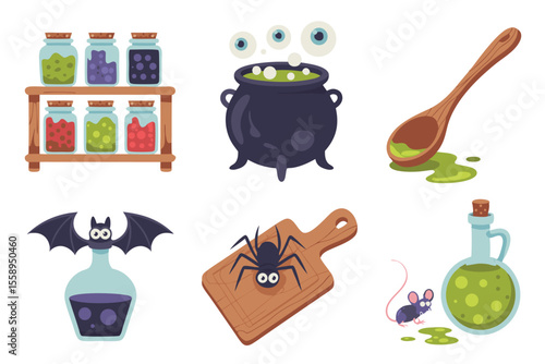Halloween Potions Cartoon Witch's Ingredients Including Bat Potion, Spider Cutting Board, and Mouse Potion