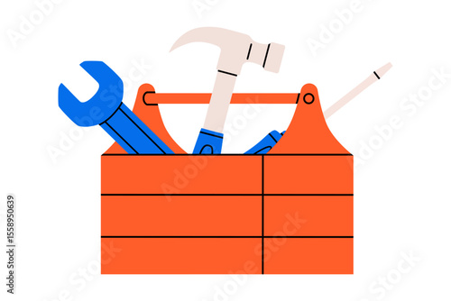 Hand drawn cute illustration of toolbox with instruments. Flat vector repair tool in box doodle. Support service hardware kit icon. Wrench, hammer and screwdriver. Settings or fix problem. Isolated.
