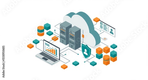 Cloud computing network diagram with servers, data, and security