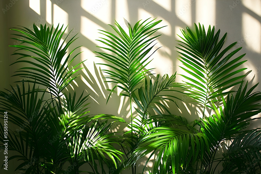 Fototapeta premium Lush Indoor Palm Plants Basking in Sunlight Through Window
