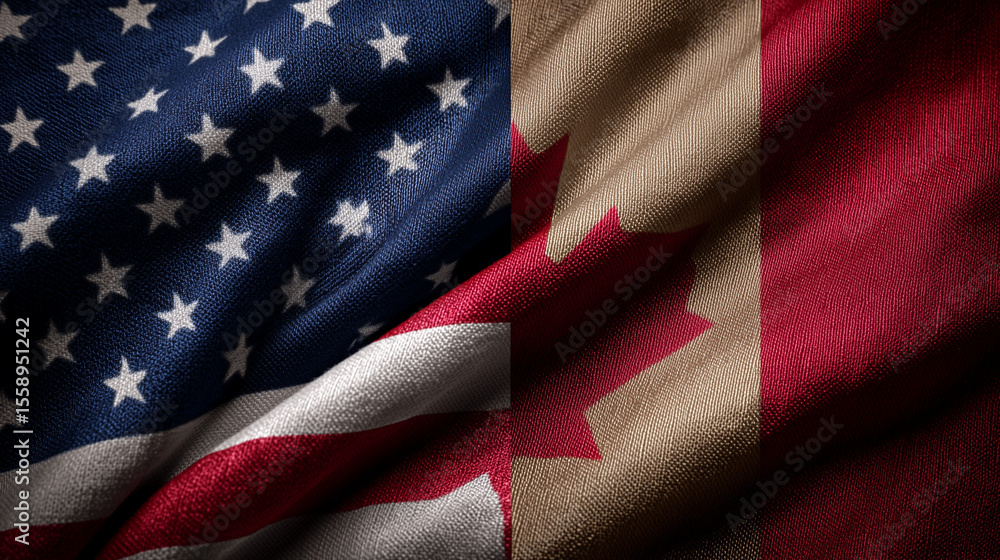 Fototapeta premium Celebrating unity american flag and canada flag together in a textile art environment close-up concept