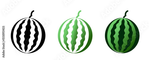 Watermelon icon in natural gradient and black colors, silhouette and outline designs
