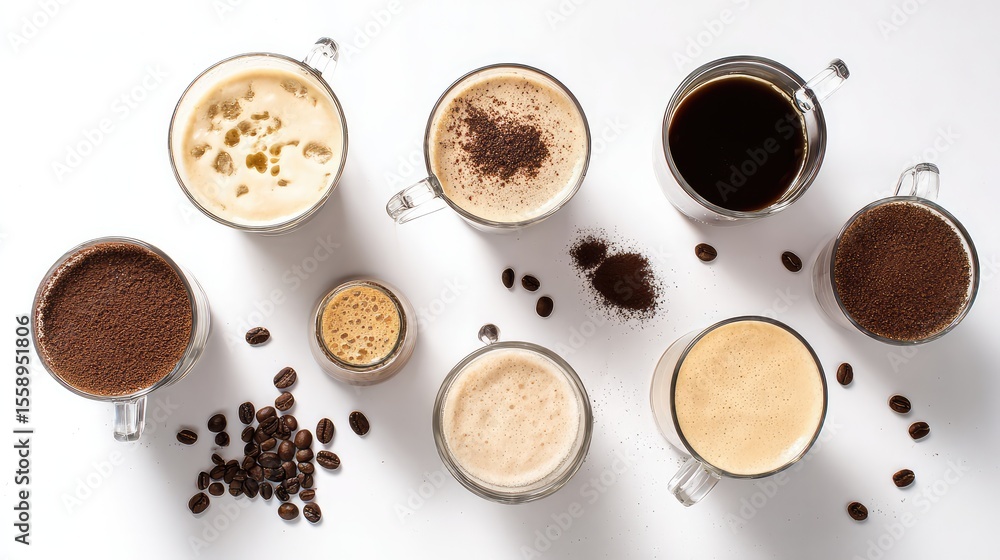 Assorted coffee drinks on white surface, showcasing rich flavors and artful presentation Assorted coffee drinks on white surface, showcasing rich flavors and artful presentation