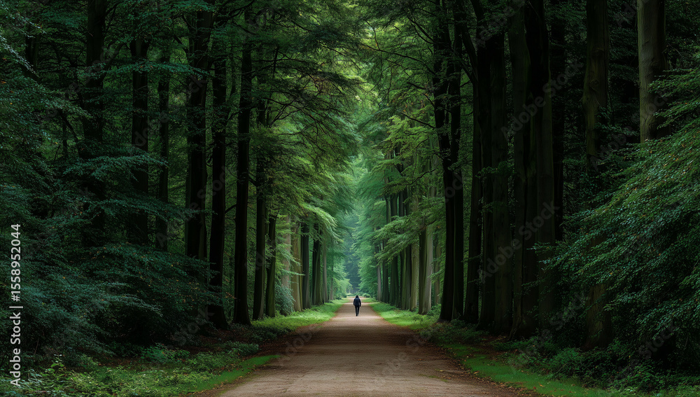 A lone figure walks down a long, straight dirt road through a dense, dark green forest with towering trees, creating a moody and atmospheric scene of solitude and natural beauty A lone figure walks down a long, straight dirt road through a dense, dark green forest with towering trees, creating a moody and atmospheric scene of solitude and natural beauty