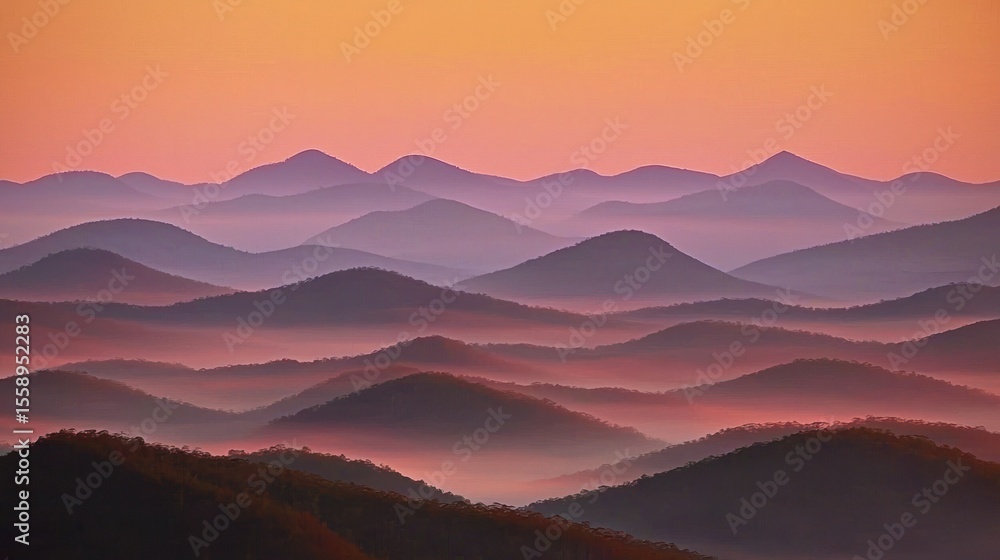 Obraz premium Layers of mountains create a beautiful landscape at sunset or sunrise