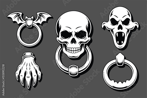 Spooky Gothic Black and White Design with Skull, Bat, Monster Face, and Skeleton Hand