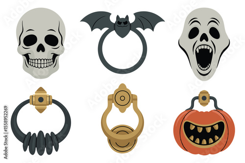 Spooky Halloween Isolated Graphics of Skull, Ghost, Bat, and Pumpkin Door Knockers