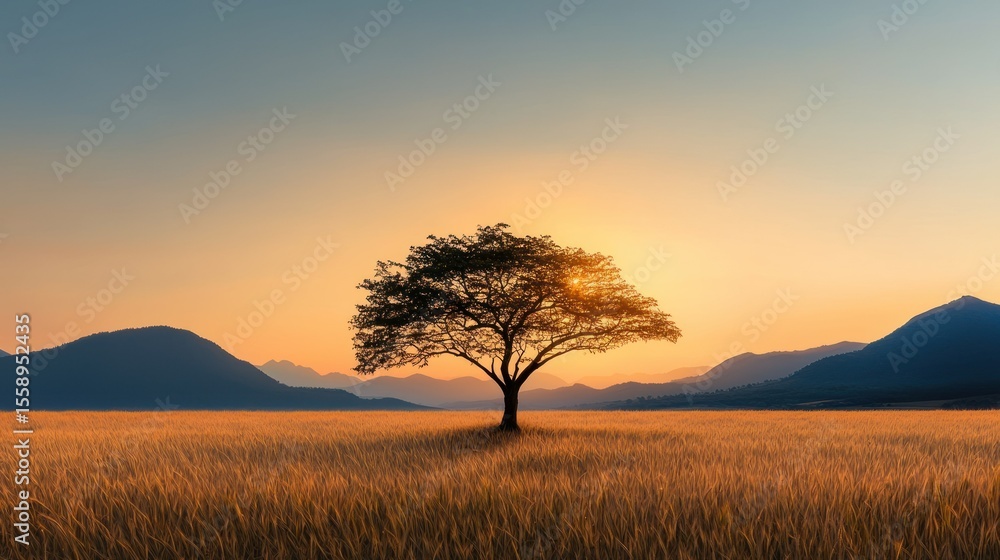 Fototapeta premium A single tree silhouetted against an orange sunset background