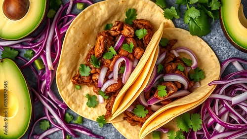 Wallpaper Mural Flat lay of Mexican street tacos with pork, avocado, and fresh toppings, arranged for visual appeal. Torontodigital.ca