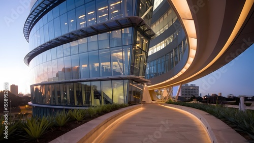 Futuristic Curved Glass Building Exterior

