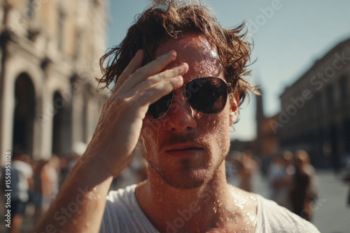 Man Wiping Sweat on a Hot Day in the City