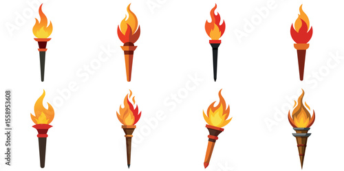 Collection of Cartoon Torch Illustrations with Flames on a White Background