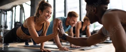 The energetic group exercising together at a modern gym location.