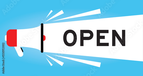 Color megaphone icon with word open in white banner on blue background