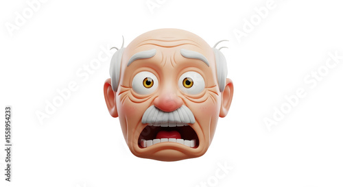 Render of an old man with a surprised expression and wide eyes, an emoji style face showing shock on transparent background.
