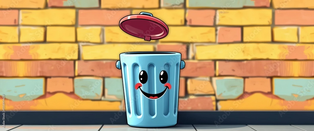 Fototapeta premium A cheerful cartoon trash can with a smiling face and lid ajar, public, home